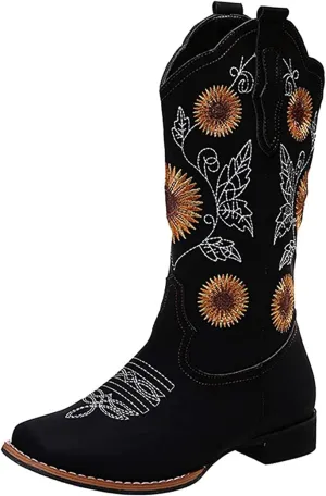 Lausiuoe Cowboy Boots For Women Wide Calf Leather Western Knee High Cowgirl Style Sunflower Embroidered Chunky Booties