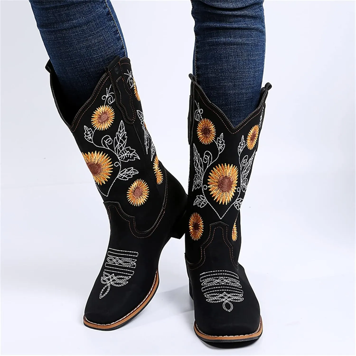Lausiuoe Cowboy Boots For Women Wide Calf Leather Western Knee High Cowgirl Style Sunflower Embroidered Chunky Booties