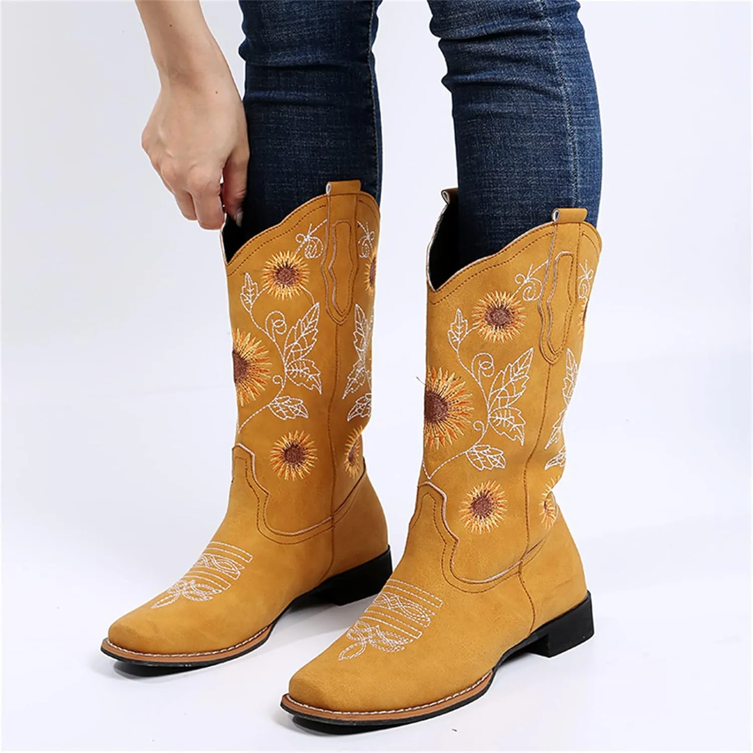 Lausiuoe Cowboy Boots For Women Wide Calf Leather Western Knee High Cowgirl Style Sunflower Embroidered Chunky Booties