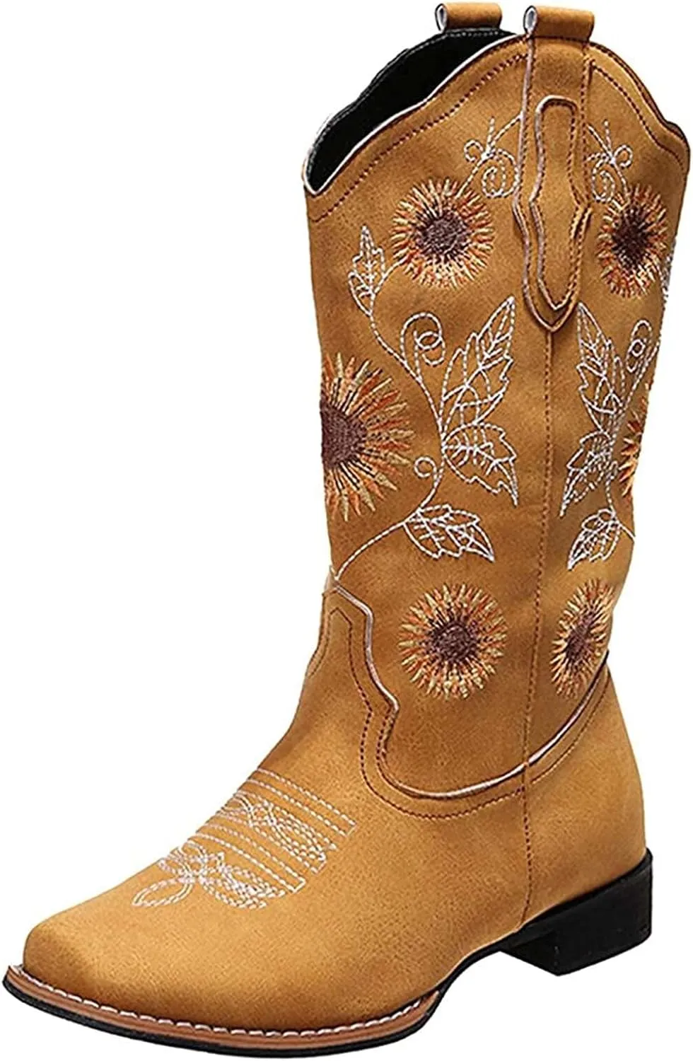 Lausiuoe Cowboy Boots For Women Wide Calf Leather Western Knee High Cowgirl Style Sunflower Embroidered Chunky Booties