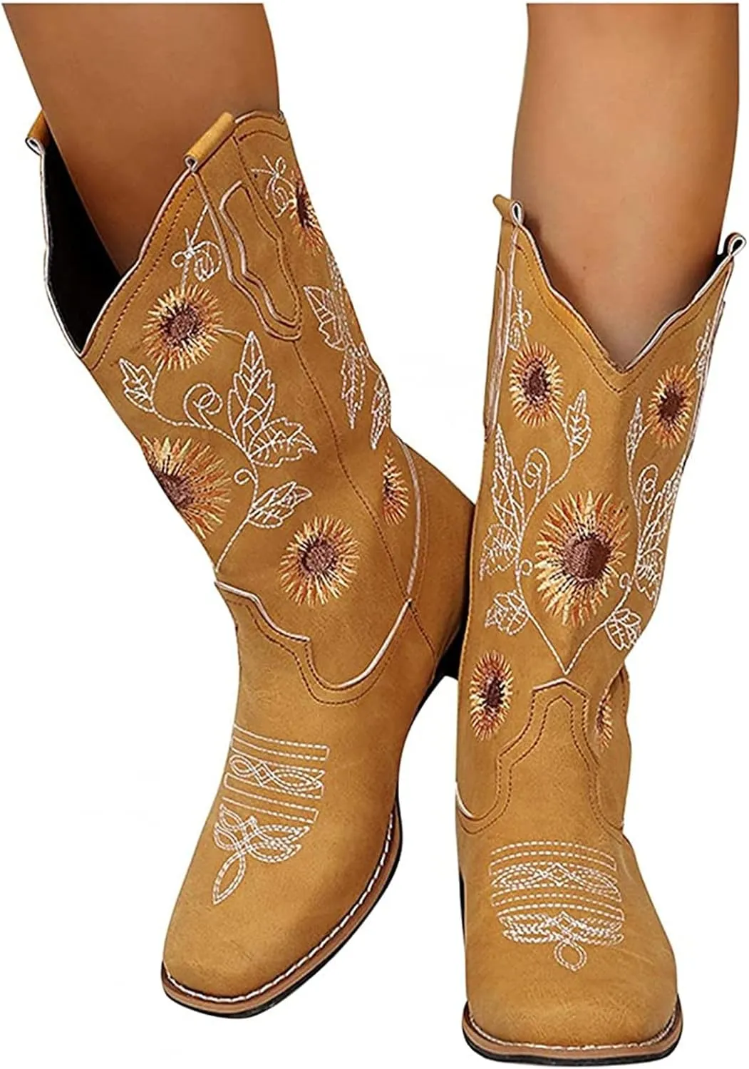 Lausiuoe Cowboy Boots For Women Wide Calf Leather Western Knee High Cowgirl Style Sunflower Embroidered Chunky Booties