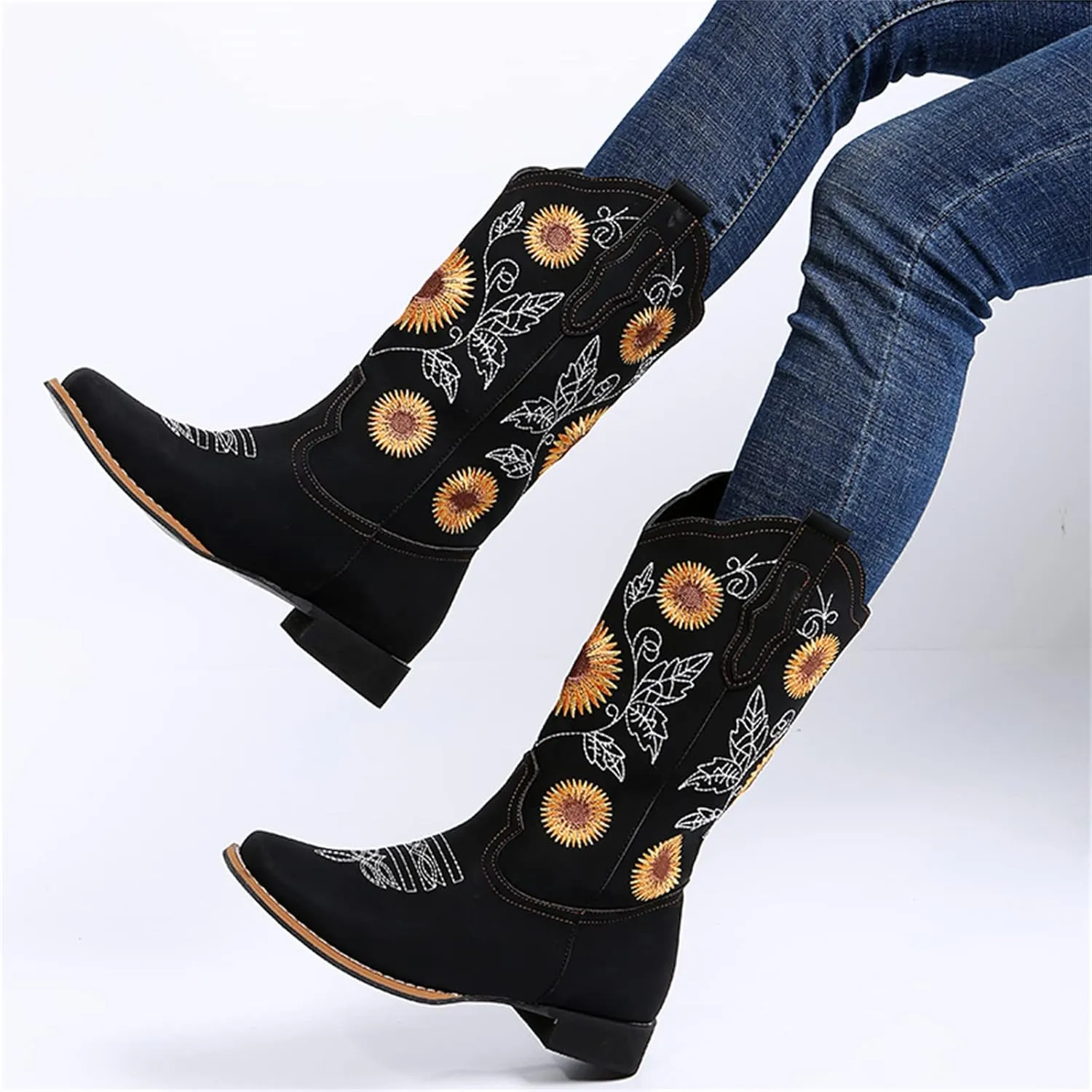 Lausiuoe Cowboy Boots For Women Wide Calf Leather Western Knee High Cowgirl Style Sunflower Embroidered Chunky Booties