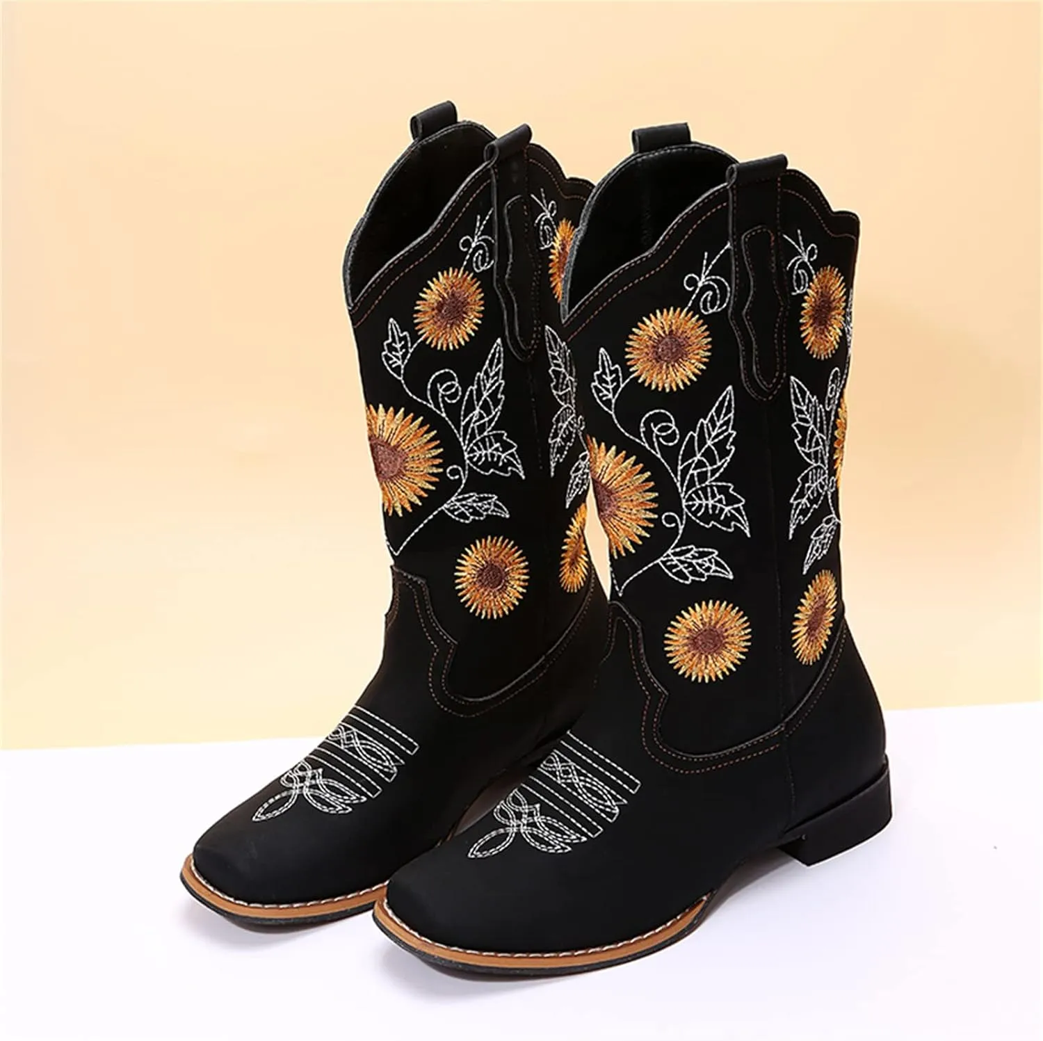 Lausiuoe Cowboy Boots For Women Wide Calf Leather Western Knee High Cowgirl Style Sunflower Embroidered Chunky Booties