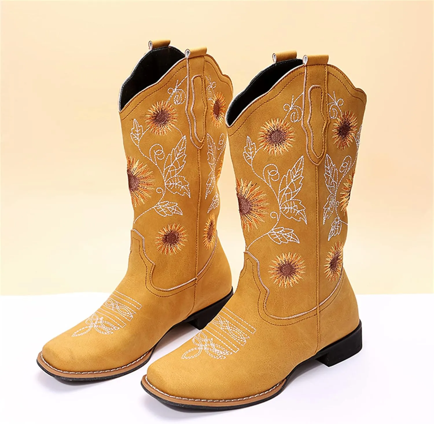 Lausiuoe Cowboy Boots For Women Wide Calf Leather Western Knee High Cowgirl Style Sunflower Embroidered Chunky Booties
