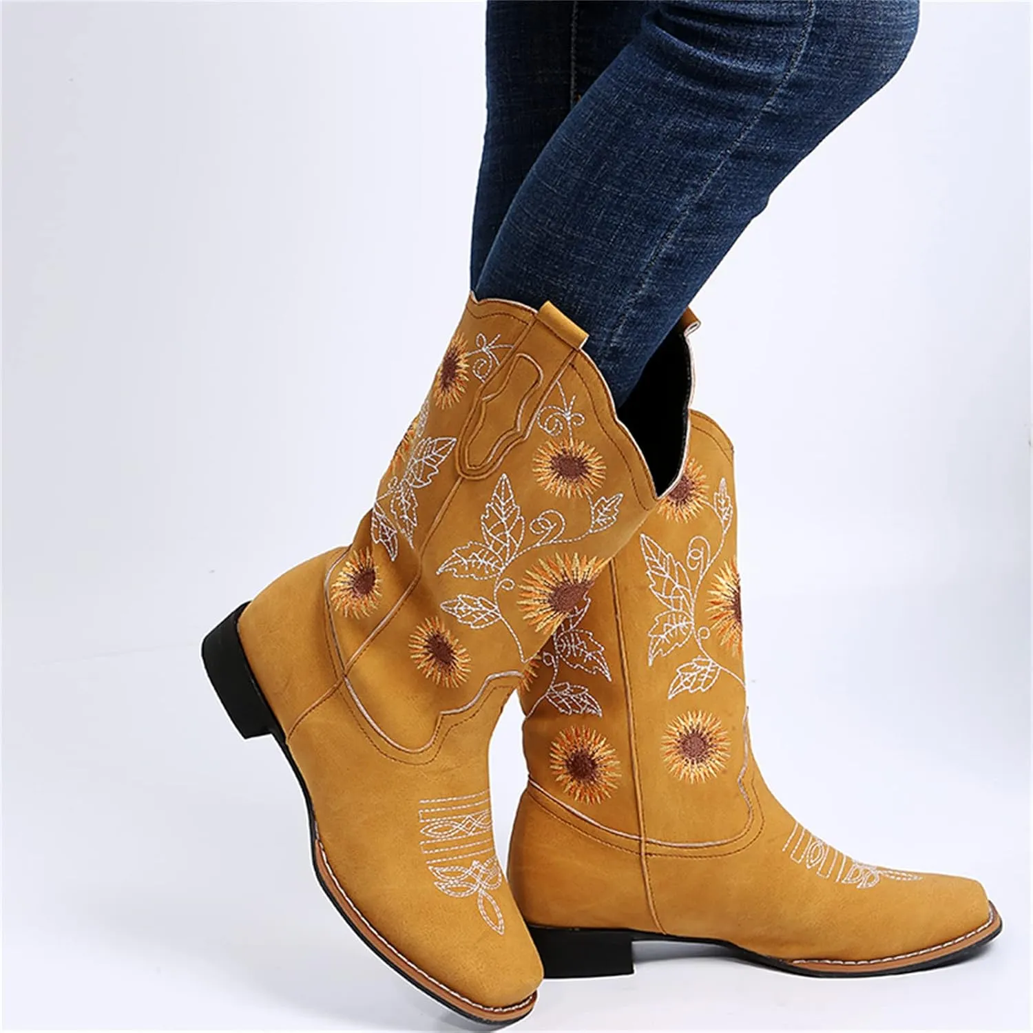 Lausiuoe Cowboy Boots For Women Wide Calf Leather Western Knee High Cowgirl Style Sunflower Embroidered Chunky Booties
