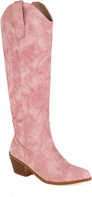 Lausiuoe Cowboy Boots For Women Wide Calf Wide Foot Embroidered Pull-On Chunky Heel Cowgirl Knee High Western Boots