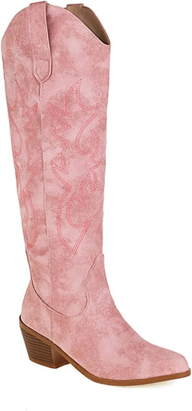 Lausiuoe Cowboy Boots For Women Wide Calf Wide Foot Embroidered Pull-On Chunky Heel Cowgirl Knee High Western Boots