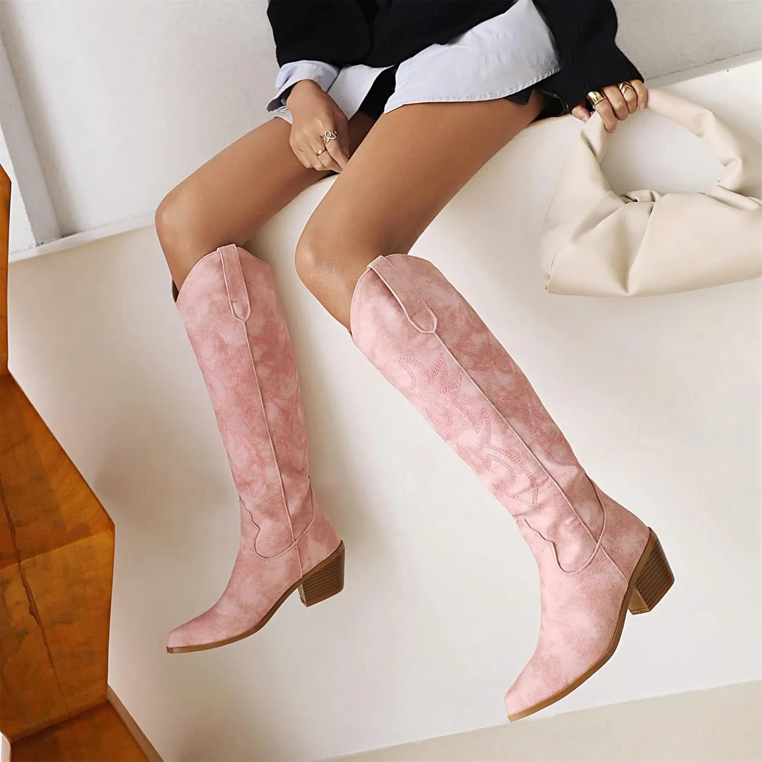 Lausiuoe Cowboy Boots For Women Wide Calf Wide Foot Embroidered Pull-On Chunky Heel Cowgirl Knee High Western Boots