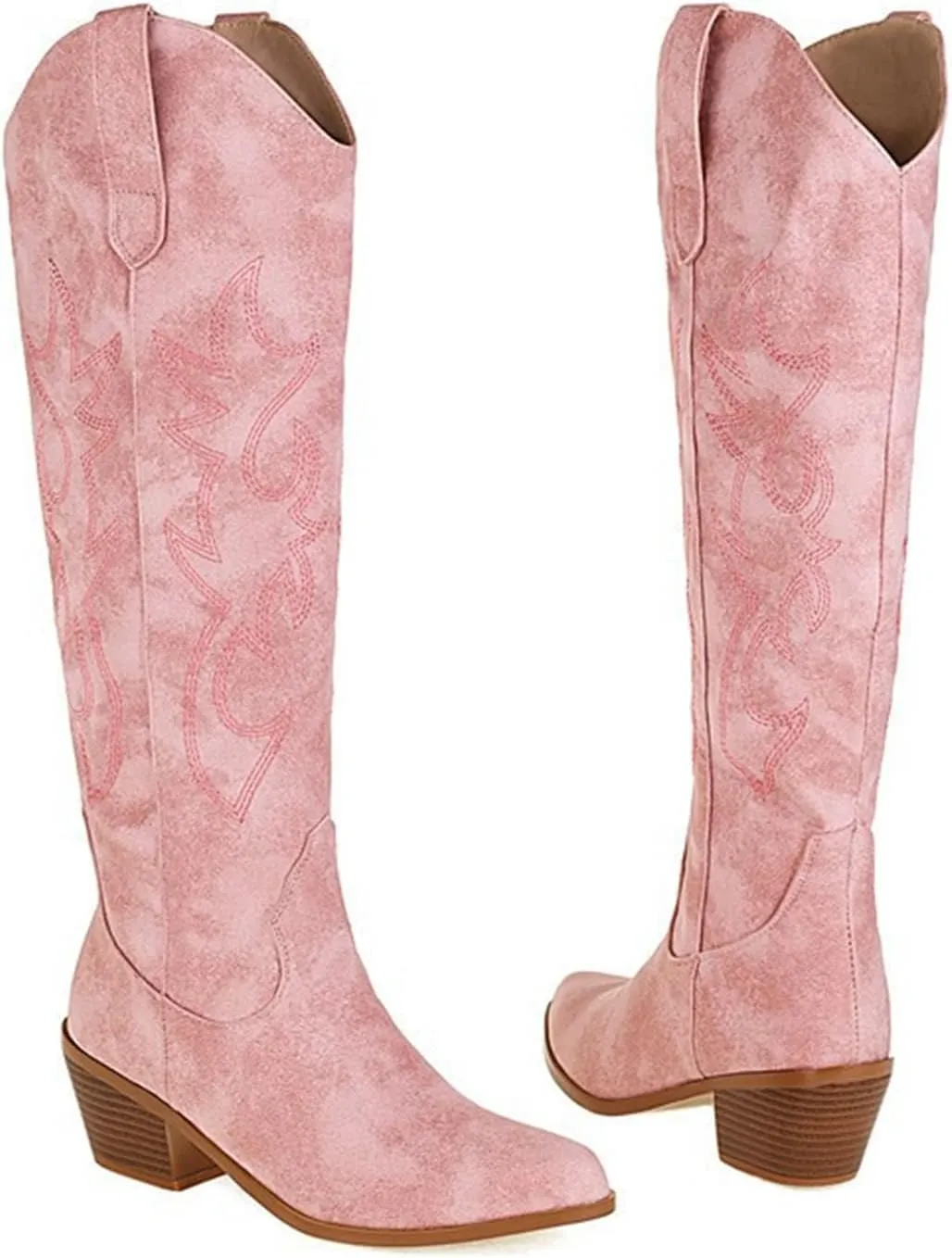 Lausiuoe Cowboy Boots For Women Wide Calf Wide Foot Embroidered Pull-On Chunky Heel Cowgirl Knee High Western Boots