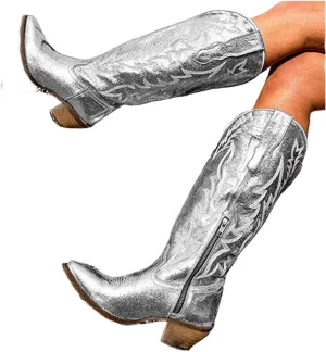 Lausiuoe Cowboy Boots For Women Wide Calf Wide Foot Embroidered Western Knee High Chunky Heel Cowgirl Style Boot Pull-On