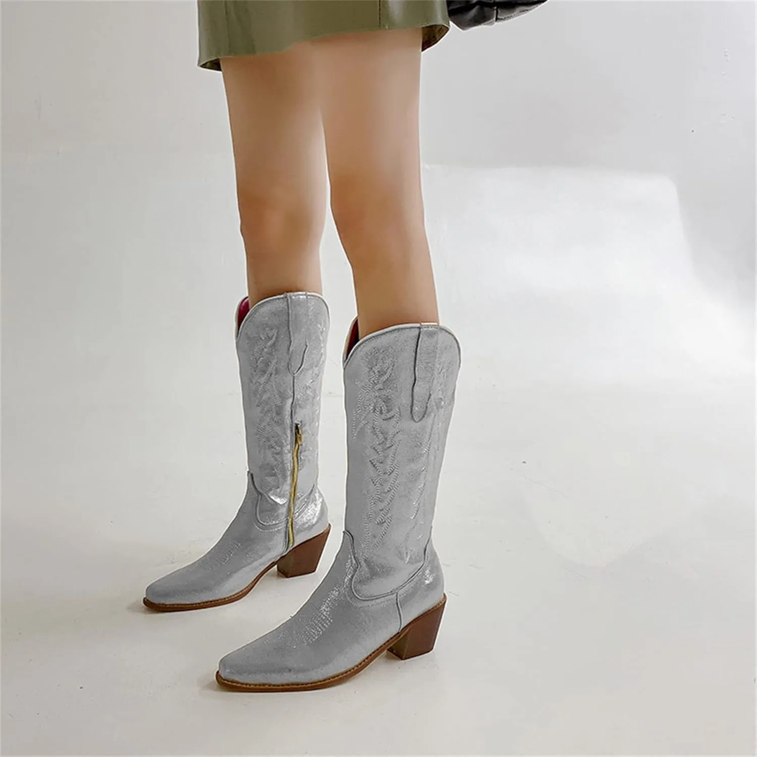 Lausiuoe Cowboy Boots For Women Wide Calf Wide Foot Embroidered Western Knee High Chunky Heel Cowgirl Style Boot Pull-On