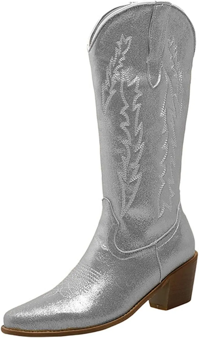 Lausiuoe Cowboy Boots For Women Wide Calf Wide Foot Embroidered Western Knee High Chunky Heel Cowgirl Style Boot Pull-On