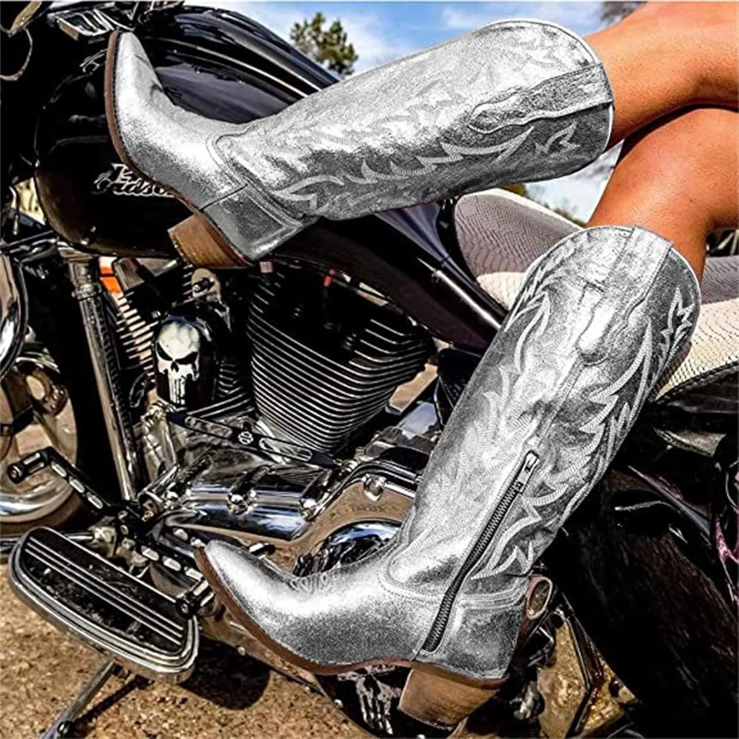 Lausiuoe Cowboy Boots For Women Wide Calf Wide Foot Embroidered Western Knee High Chunky Heel Cowgirl Style Boot Pull-On