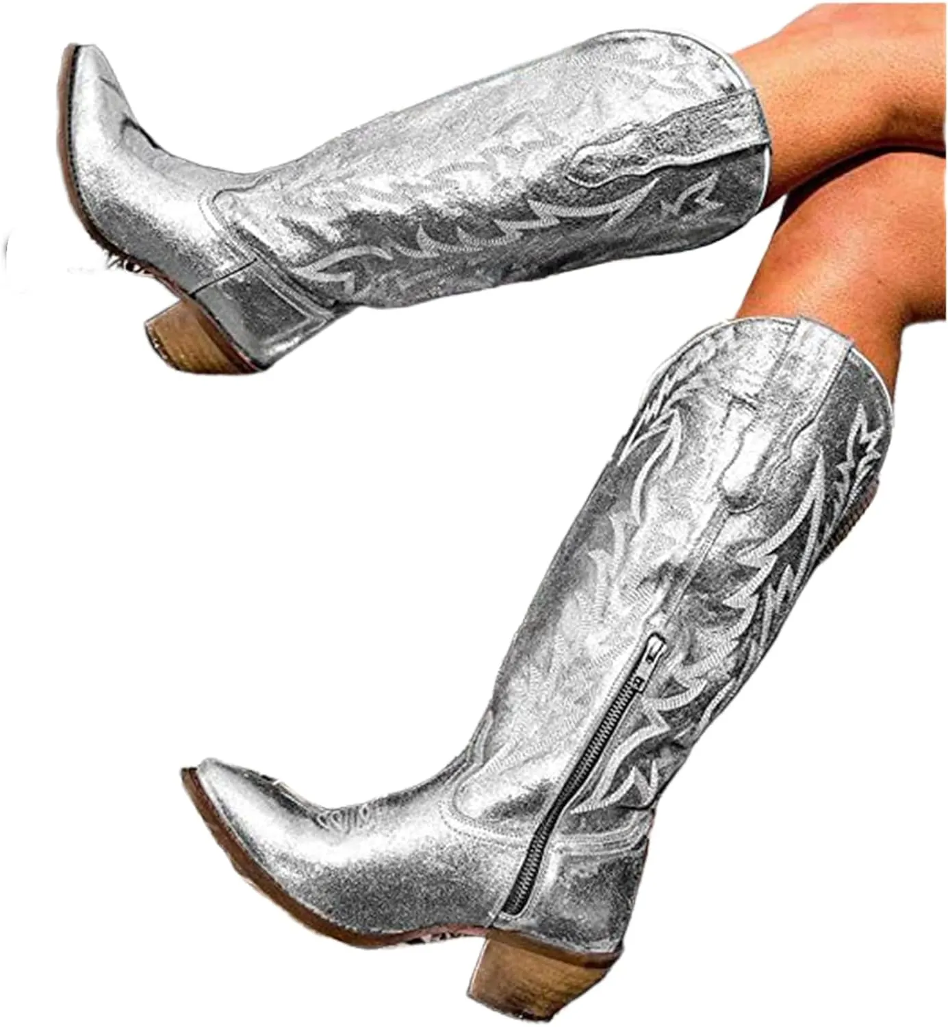 Lausiuoe Cowboy Boots For Women Wide Calf Wide Foot Embroidered Western Knee High Chunky Heel Cowgirl Style Boot Pull-On
