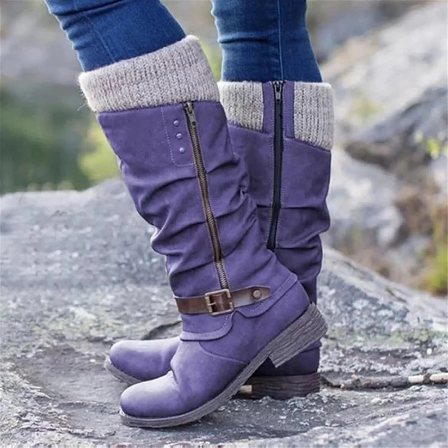 Lausiuoe Winter Boots For Women 2022 Trendy Mid Calf Side Zip Low Heel Western Platform Hiking Booties Warm Non Slip Outdoor Shoe