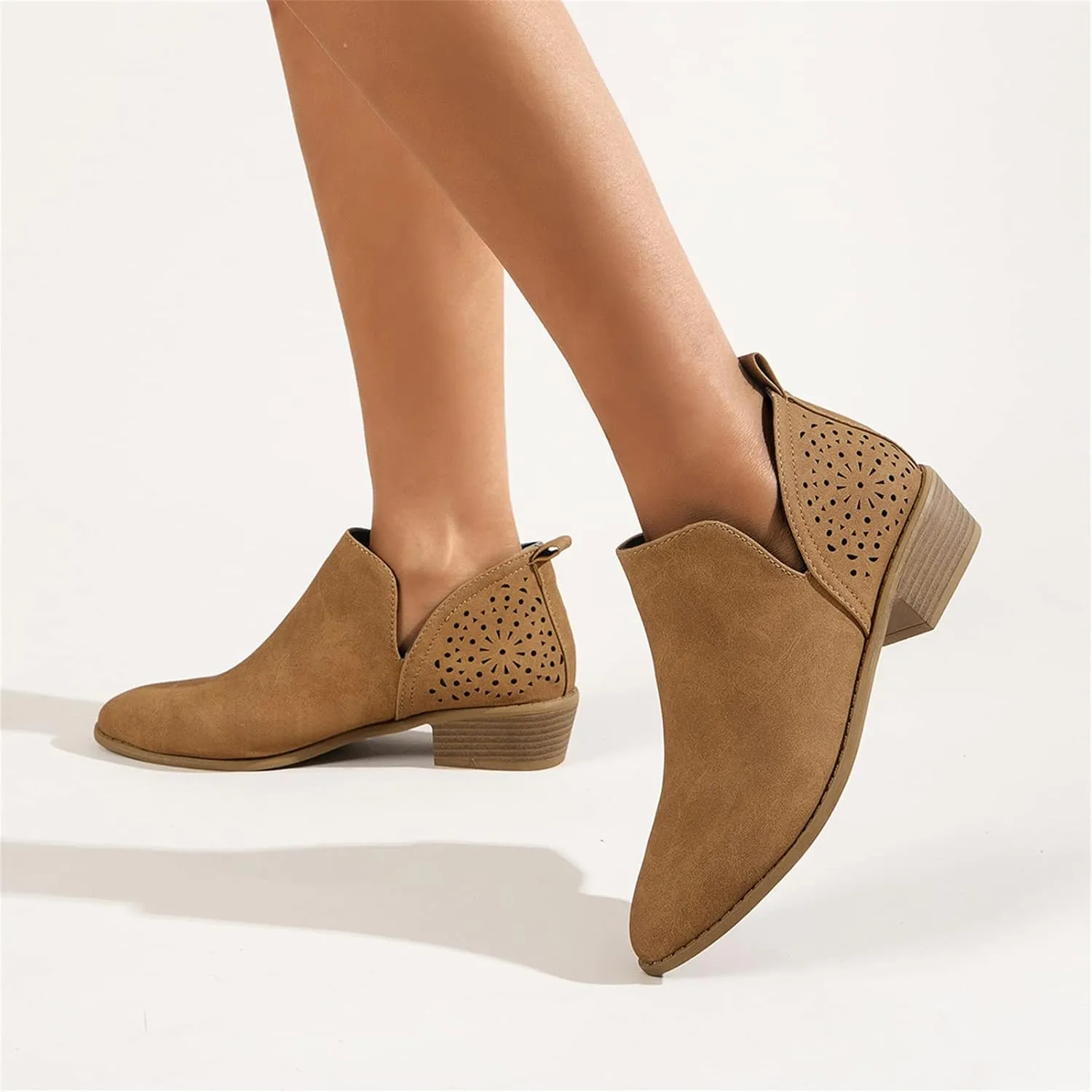 Lausiuoe Womens Boots Ankle Low Heel Cut Out Stacked Chunky Block Casual Dressy Slip on Fashion Wide Width Ankle Booties