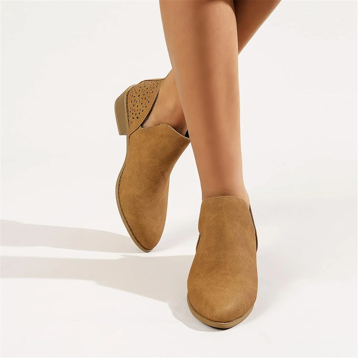 Lausiuoe Womens Boots Ankle Low Heel Cut Out Stacked Chunky Block Casual Dressy Slip on Fashion Wide Width Ankle Booties