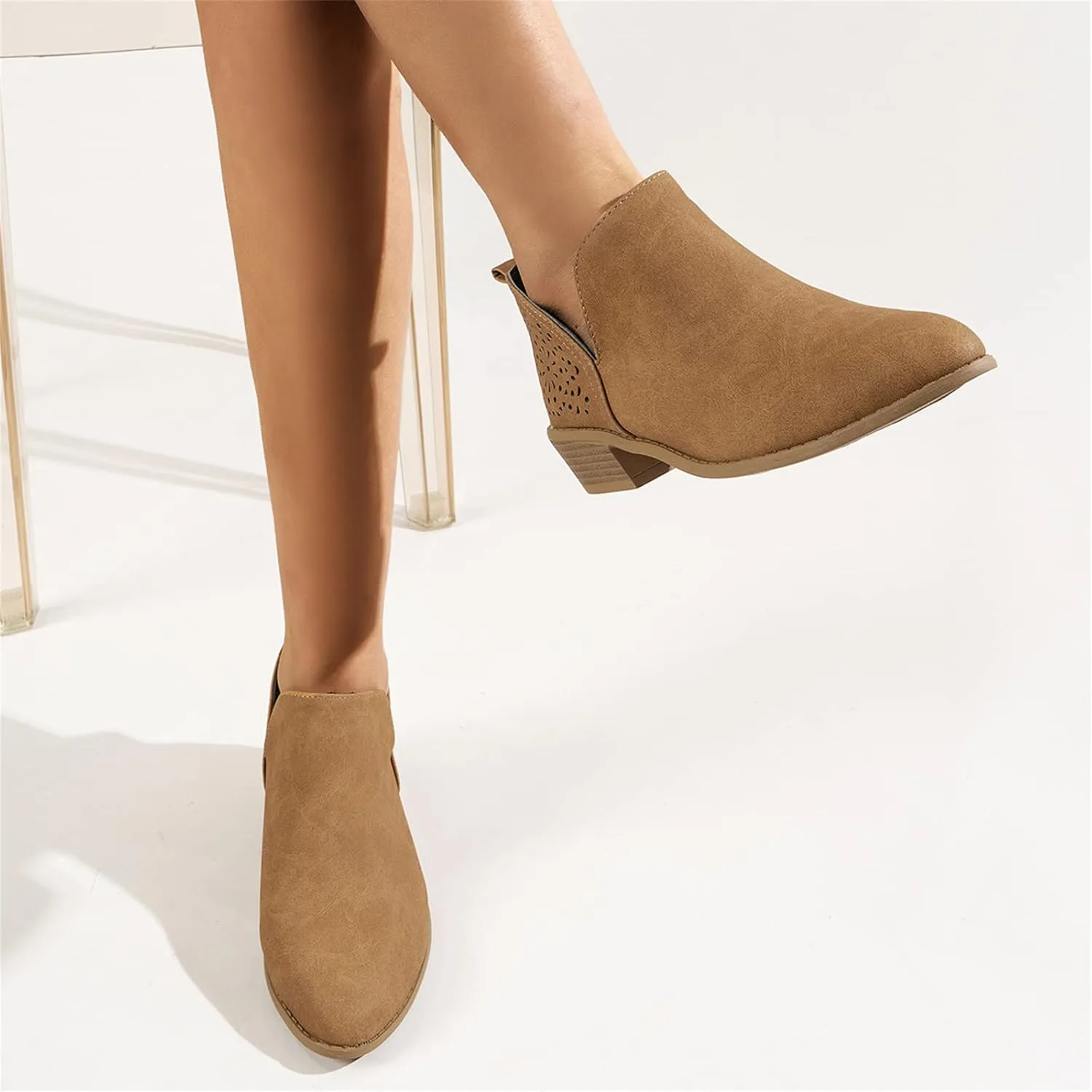 Lausiuoe Womens Boots Ankle Low Heel Cut Out Stacked Chunky Block Casual Dressy Slip on Fashion Wide Width Ankle Booties