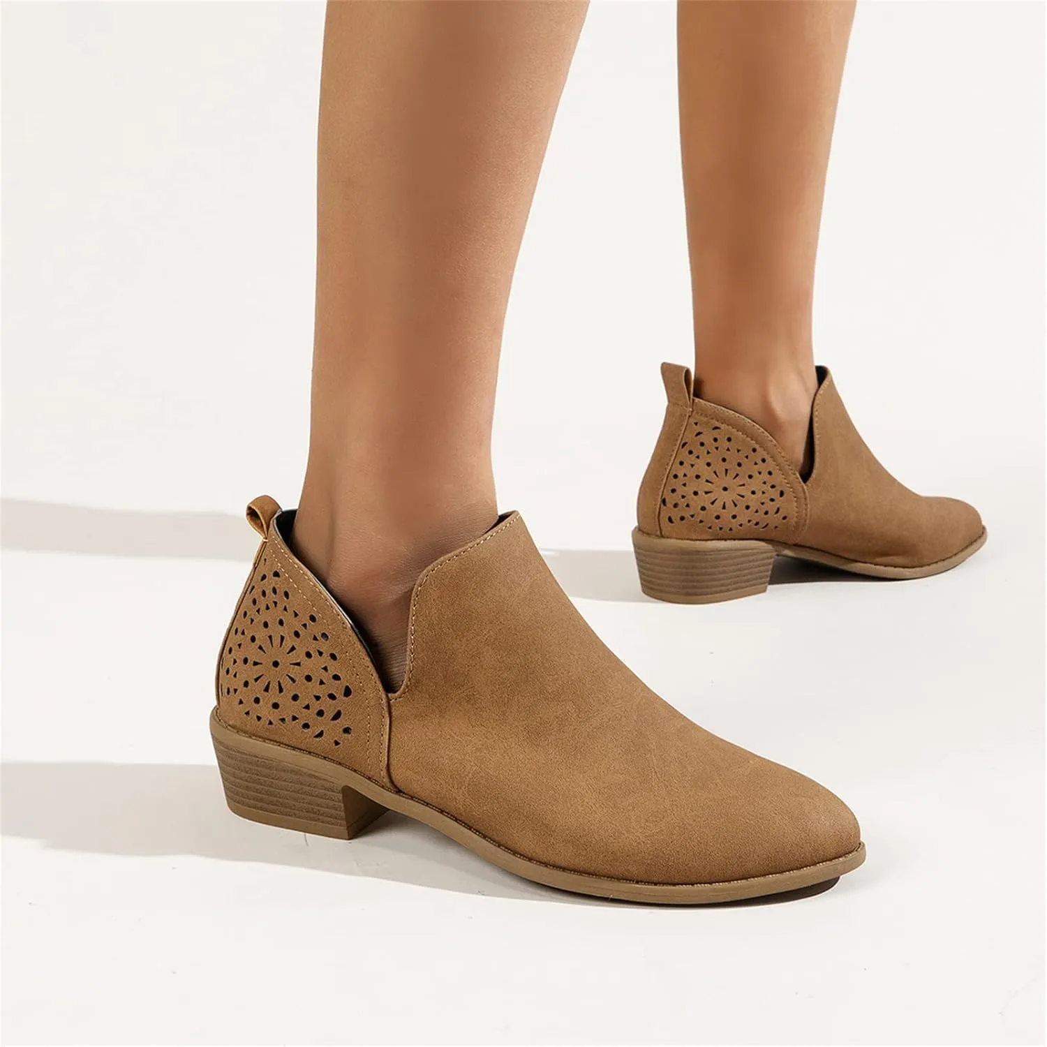 Lausiuoe Womens Boots Ankle Low Heel Cut Out Stacked Chunky Block Casual Dressy Slip on Fashion Wide Width Ankle Booties