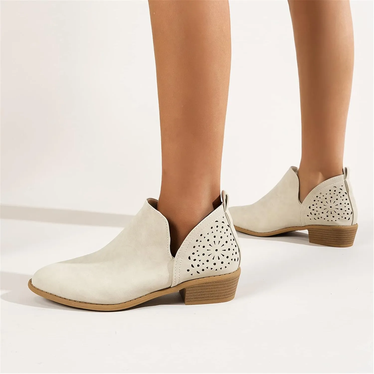 Lausiuoe Womens Boots Ankle Low Heel Cut Out Stacked Chunky Block Casual Dressy Slip on Fashion Wide Width Ankle Booties