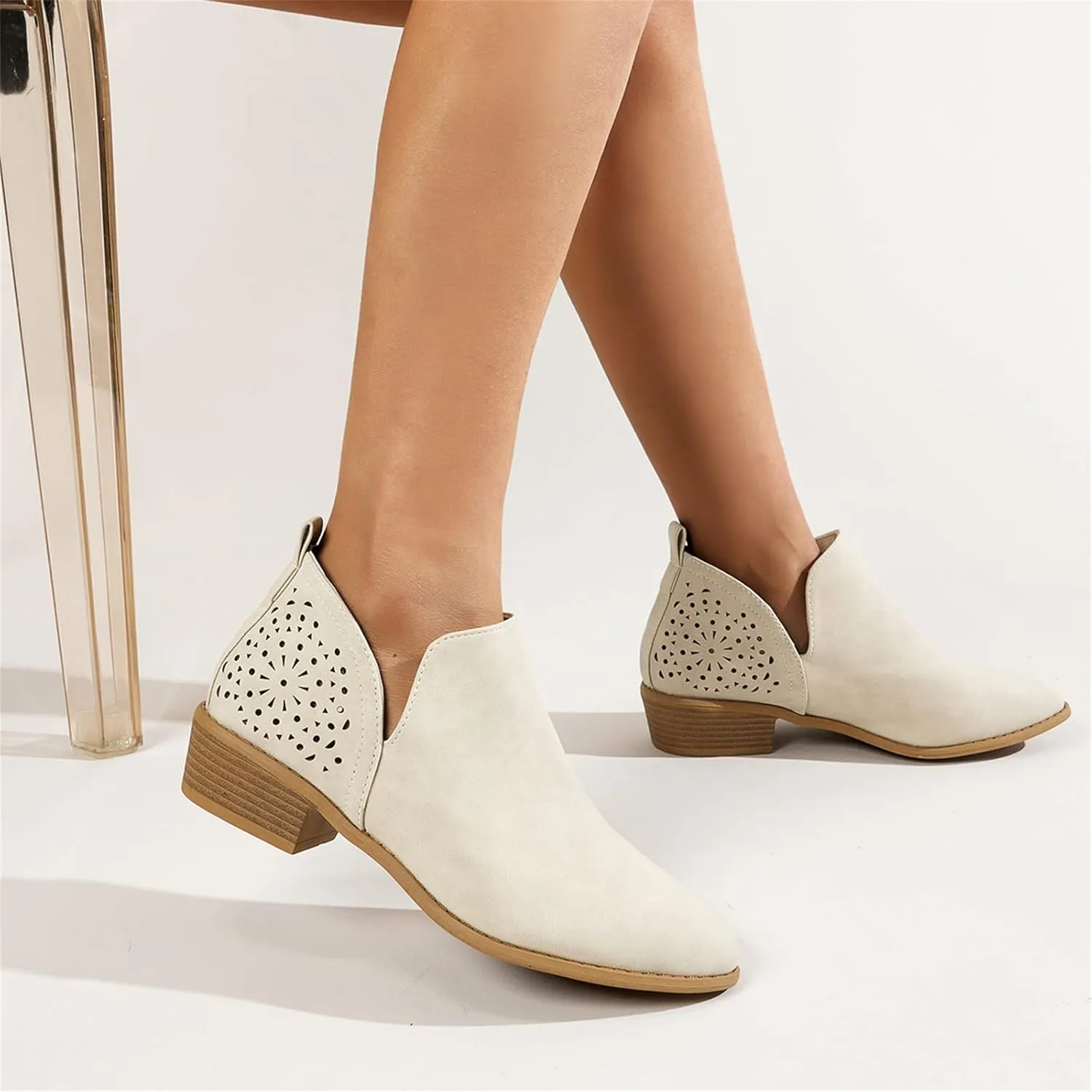 Lausiuoe Womens Boots Ankle Low Heel Cut Out Stacked Chunky Block Casual Dressy Slip on Fashion Wide Width Ankle Booties