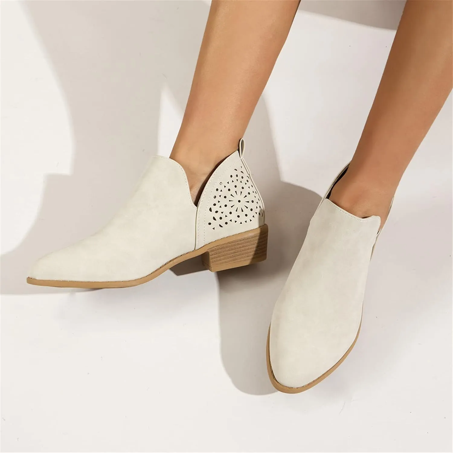 Lausiuoe Womens Boots Ankle Low Heel Cut Out Stacked Chunky Block Casual Dressy Slip on Fashion Wide Width Ankle Booties