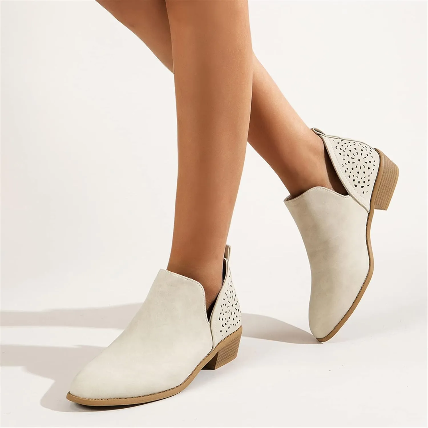 Lausiuoe Womens Boots Ankle Low Heel Cut Out Stacked Chunky Block Casual Dressy Slip on Fashion Wide Width Ankle Booties