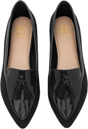 LEHOOR Women Tassel Flat Loafers Pointed Closed Toe Slip On Penny Loafers Patent Leather Suede Loafer Flats Fringe Pointy Toe Boat Shoes Patchwork Retro Office Work Club Driver Flats Casual 4-11 M US