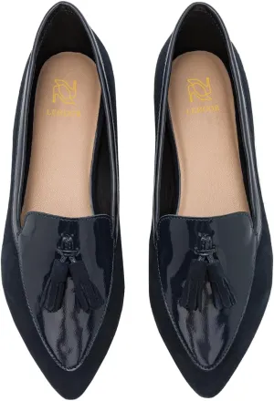LEHOOR Women Tassel Flat Loafers Pointed Closed Toe Slip On Penny Loafers Patent Leather Suede Loafer Flats Fringe Pointy Toe Boat Shoes Patchwork Retro Office Work Club Driver Flats Casual 4-11 M US
