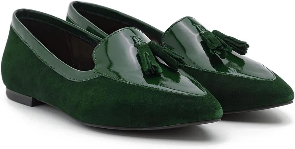 LEHOOR Women Tassel Flat Loafers Pointed Closed Toe Slip On Penny Loafers Patent Leather Suede Loafer Flats Fringe Pointy Toe Boat Shoes Patchwork Retro Office Work Club Driver Flats Casual 4-11 M US