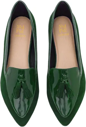 LEHOOR Women Tassel Flat Loafers Pointed Closed Toe Slip On Penny Loafers Patent Leather Suede Loafer Flats Fringe Pointy Toe Boat Shoes Patchwork Retro Office Work Club Driver Flats Casual 4-11 M US
