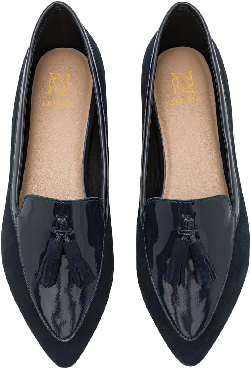 LEHOOR Women Tassel Flat Loafers Pointed Closed Toe Slip On Penny Loafers Patent Leather Suede Loafer Flats Fringe Pointy Toe Boat Shoes Patchwork Retro Office Work Club Driver Flats Casual 4-11 M US