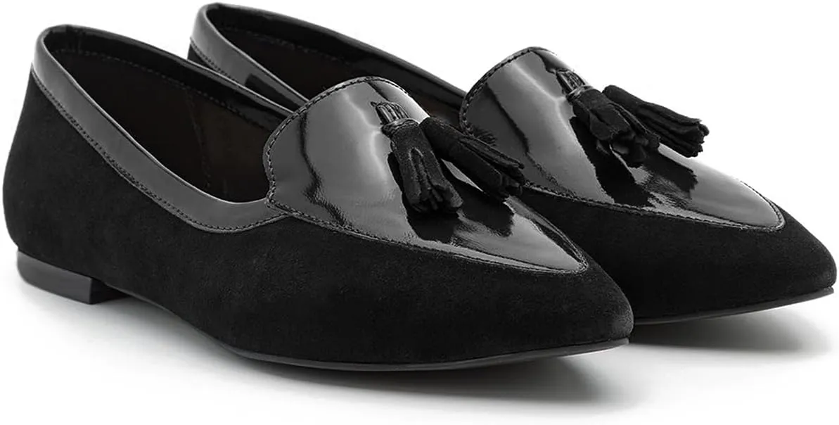 LEHOOR Women Tassel Flat Loafers Pointed Closed Toe Slip On Penny Loafers Patent Leather Suede Loafer Flats Fringe Pointy Toe Boat Shoes Patchwork Retro Office Work Club Driver Flats Casual 4-11 M US