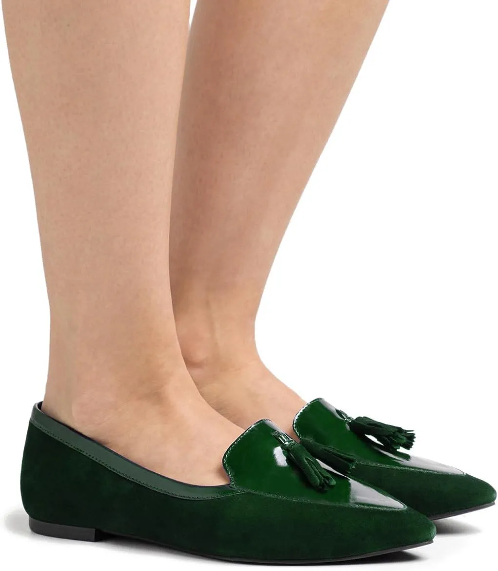 LEHOOR Women Tassel Flat Loafers Pointed Closed Toe Slip On Penny Loafers Patent Leather Suede Loafer Flats Fringe Pointy Toe Boat Shoes Patchwork Retro Office Work Club Driver Flats Casual 4-11 M US