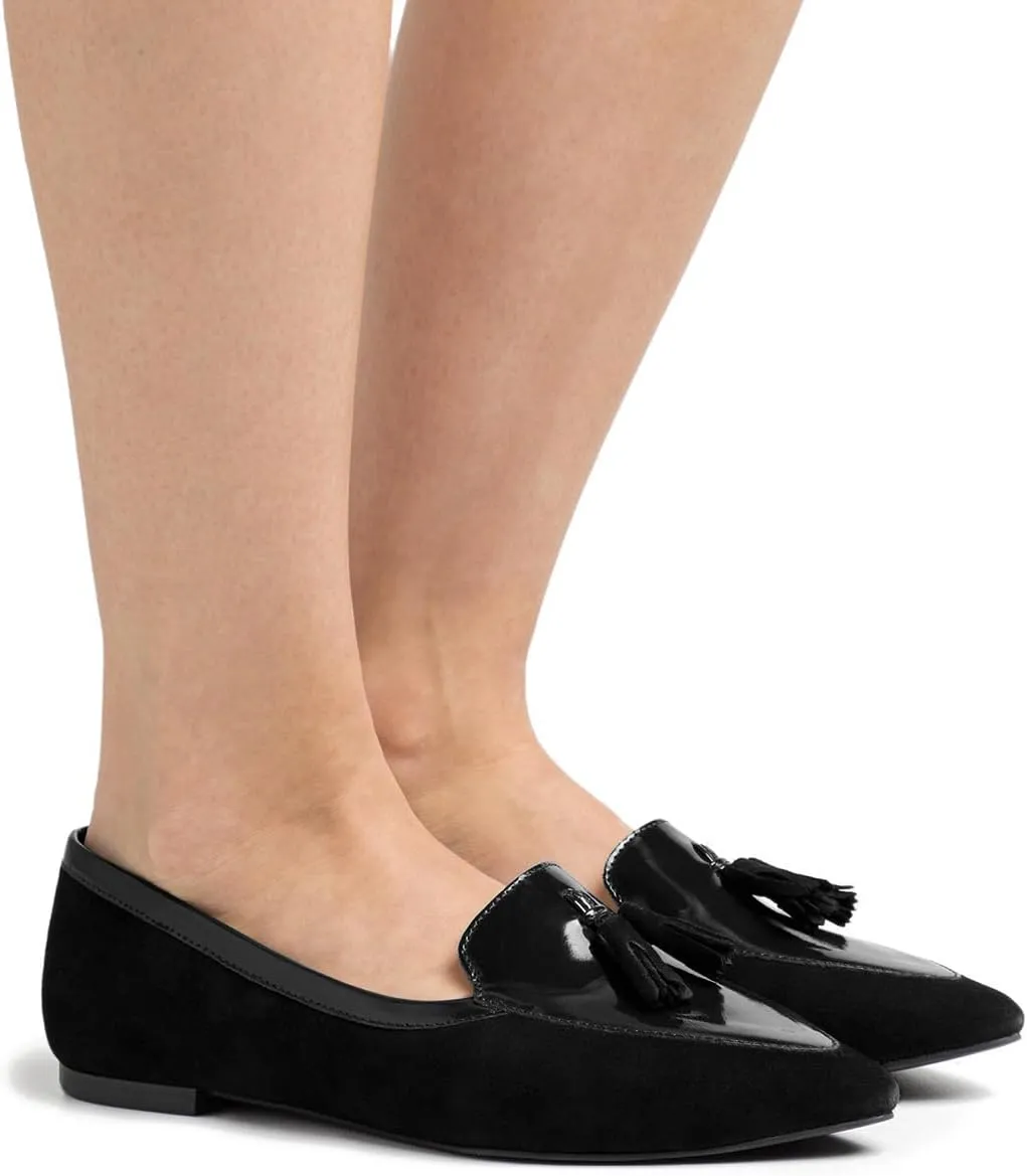 LEHOOR Women Tassel Flat Loafers Pointed Closed Toe Slip On Penny Loafers Patent Leather Suede Loafer Flats Fringe Pointy Toe Boat Shoes Patchwork Retro Office Work Club Driver Flats Casual 4-11 M US