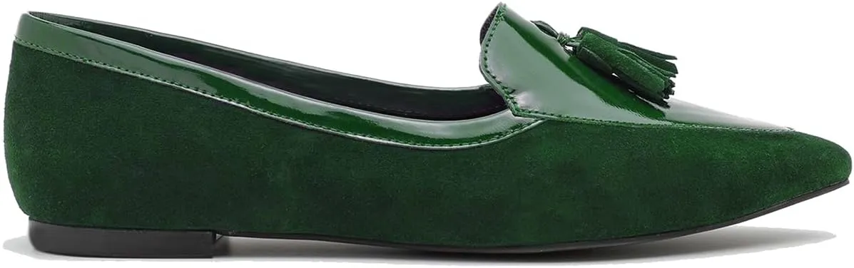 LEHOOR Women Tassel Flat Loafers Pointed Closed Toe Slip On Penny Loafers Patent Leather Suede Loafer Flats Fringe Pointy Toe Boat Shoes Patchwork Retro Office Work Club Driver Flats Casual 4-11 M US