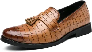 Mens Gradient Color Stone Grain Slip-On Dress Loafers with Tassels Classic Leather Luxury Penny Shoes for Weeding Official Party
