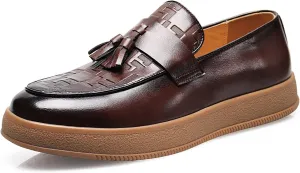Men's Leather Slip On Platform Tassel Loafers Fashion Round Toe Comfort Non-Slip Business Dress Shoes for Party Wedding Driving Shoes