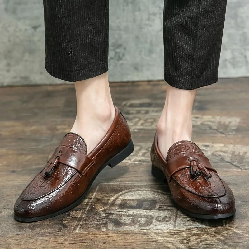 Mens Loafers Shoe Burnished Toe Crocodile Print with Tassel Vegan Leather Anti-Slip Slip Resistant Lightweight Classic Slip-on