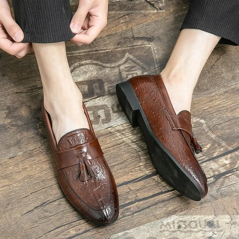 Mens Loafers Shoe Burnished Toe Crocodile Print with Tassel Vegan Leather Anti-Slip Slip Resistant Lightweight Classic Slip-on