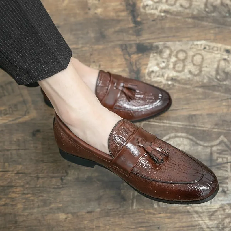 Mens Loafers Shoe Burnished Toe Crocodile Print with Tassel Vegan Leather Anti-Slip Slip Resistant Lightweight Classic Slip-on