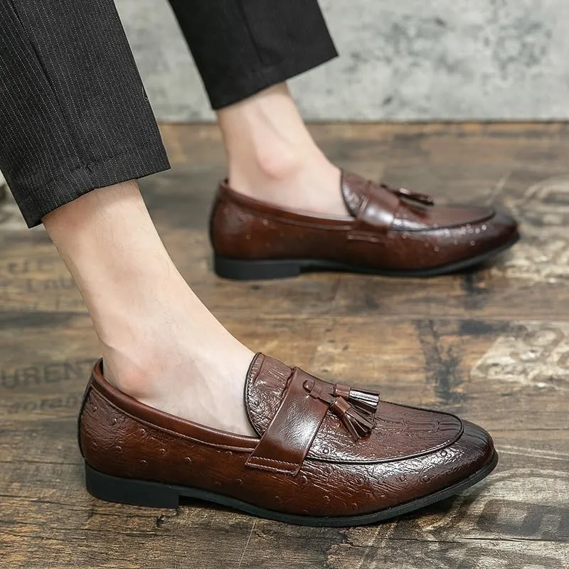 Mens Loafers Shoe Burnished Toe Crocodile Print with Tassel Vegan Leather Anti-Slip Slip Resistant Lightweight Classic Slip-on