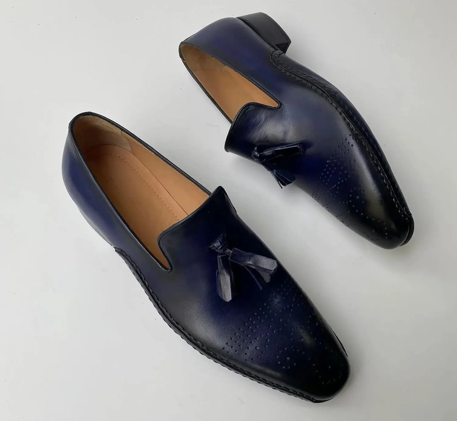 Mens Navy Blue Handmade Italian leather Luxury Slip on Tassel Loafers shoes (11, Loafers, Blue)