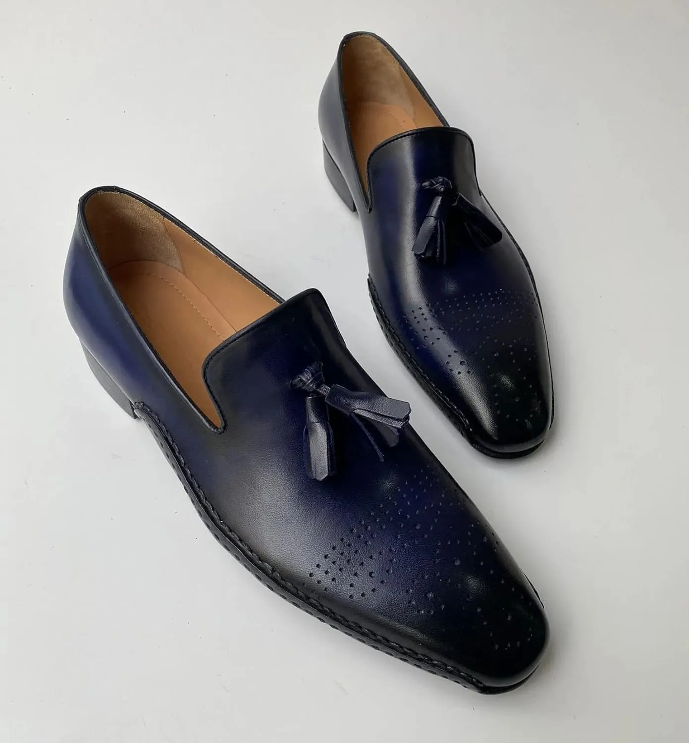 Mens Navy Blue Handmade Italian leather Luxury Slip on Tassel Loafers shoes (11, Loafers, Blue)