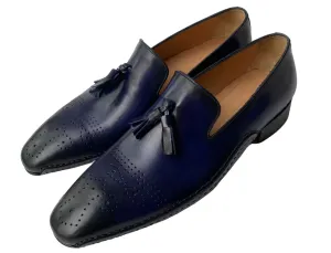 Mens Navy Blue Handmade Italian leather Luxury Slip on Tassel Loafers shoes (11, Loafers, Blue)