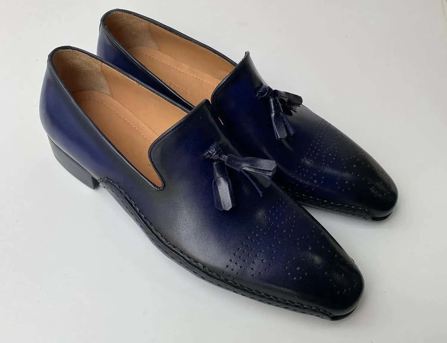 Mens Navy Blue Handmade Italian leather Luxury Slip on Tassel Loafers shoes (11, Loafers, Blue)
