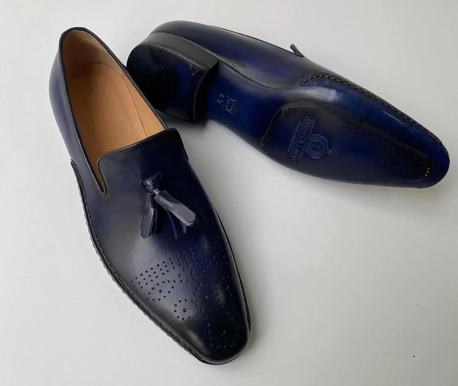 Mens Navy Blue Handmade Italian leather Luxury Slip on Tassel Loafers shoes (11, Loafers, Blue)