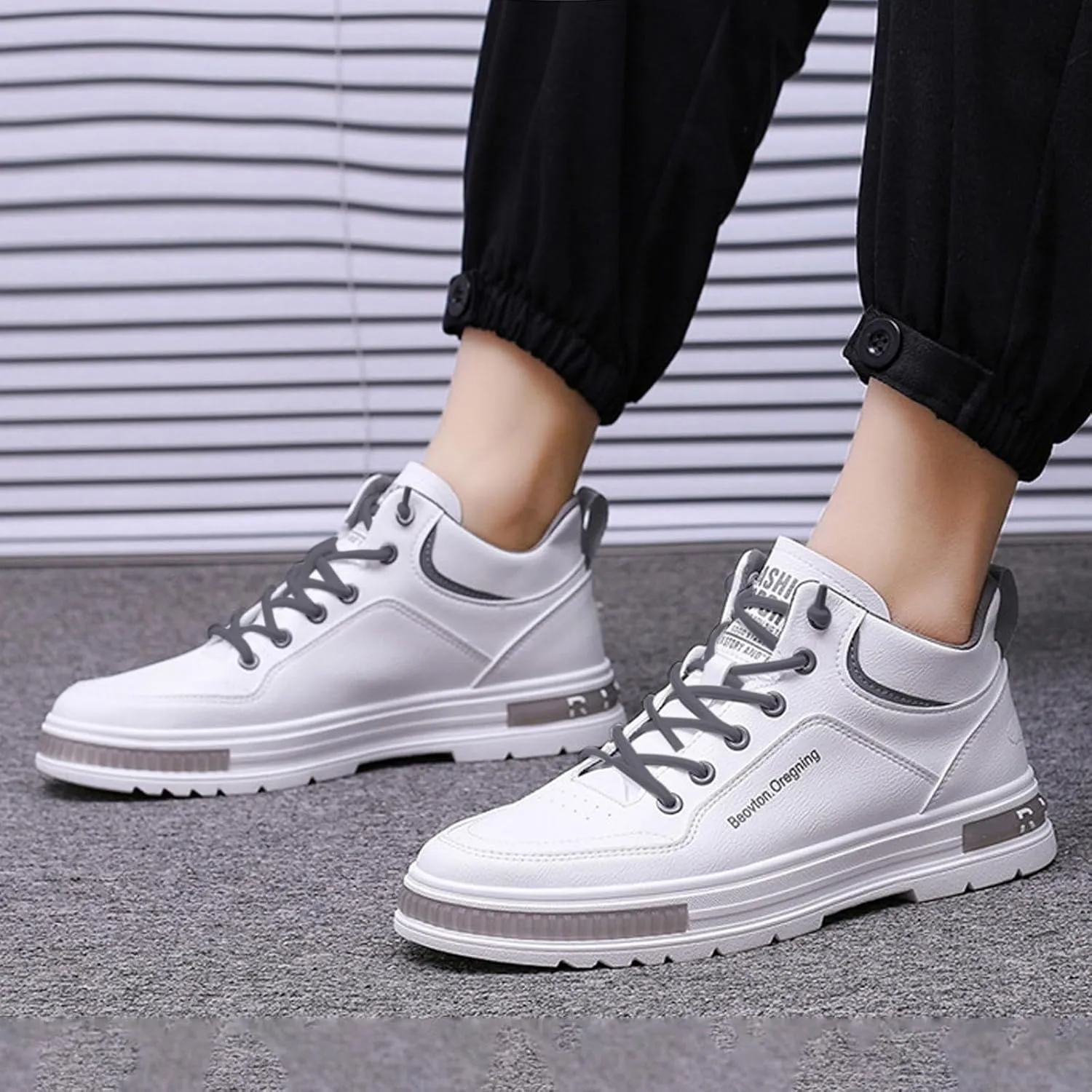 Men's Solid Color Casual Flat Leather Shoes Fashion Lace Up Loafers Sneaker Boots for Men High Top, 7.5