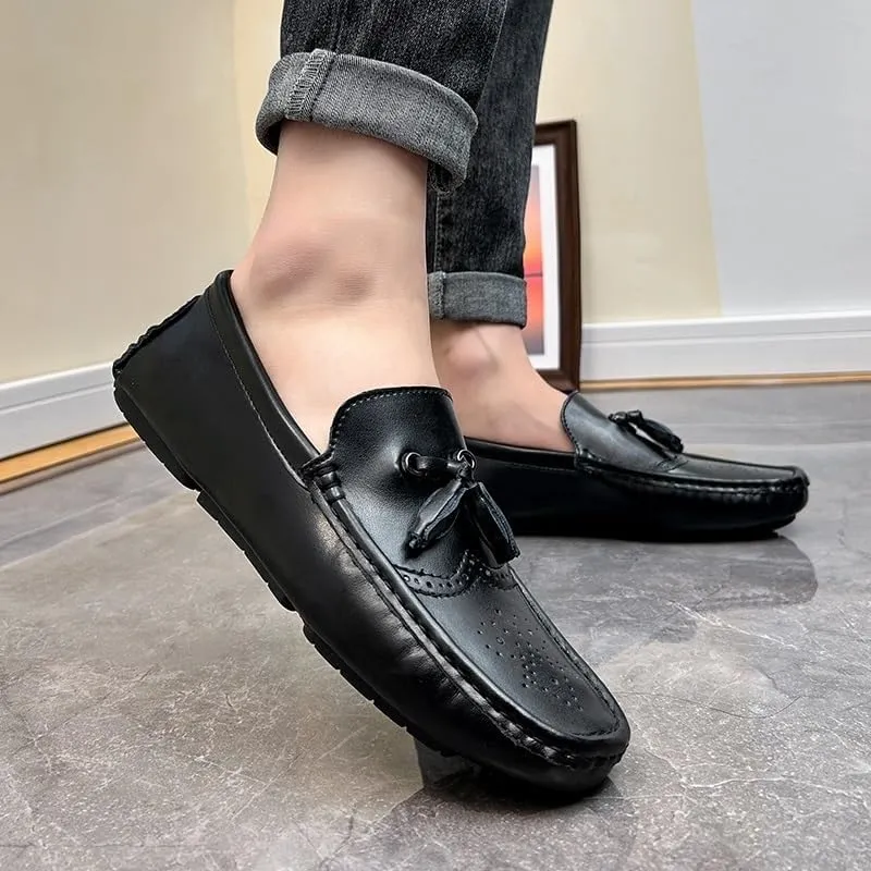 Men's Square Toe Brogue Loafers - Embossed Wingtips with Tassel, Slip-Resistant Driving Shoes, Flexible Flat Heel for Outdoor & Fashion