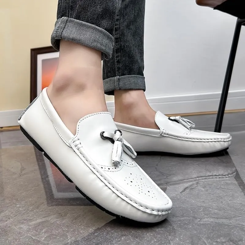 Men's Square Toe Brogue Loafers - Embossed Wingtips with Tassel, Slip-Resistant Driving Shoes, Flexible Flat Heel for Outdoor & Fashion